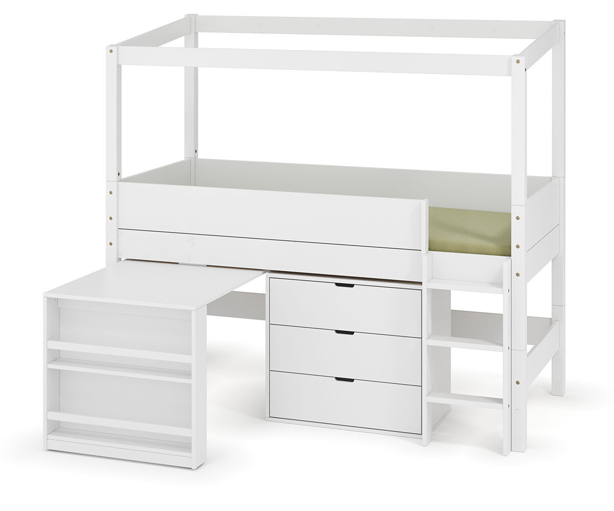 PROMO ! Lit cabane mi-hauteur avec bureau et matelas Combeebed Blanc 90x200 cm Echelle grand côté Structure cabane uniquement 1 commode Matelas Nor