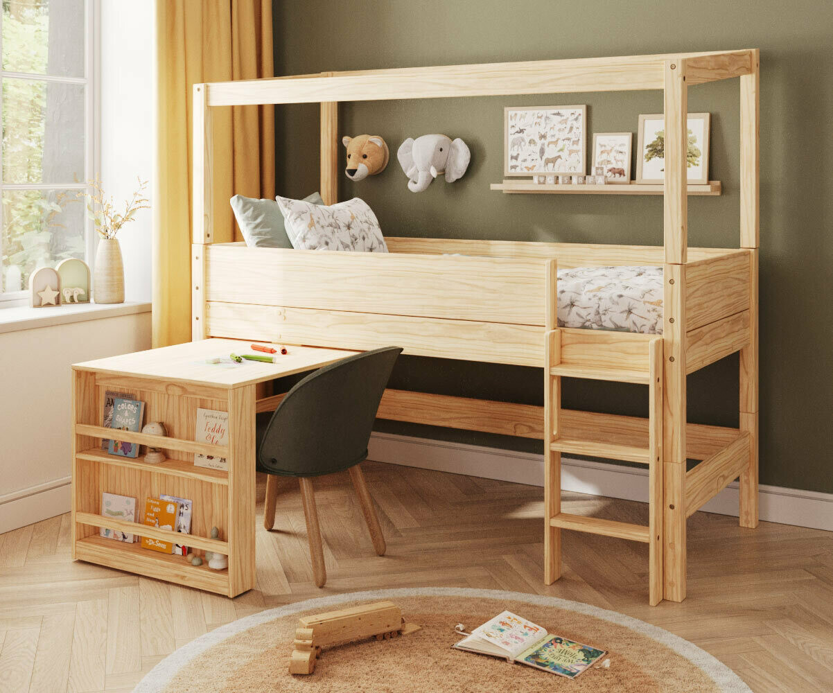 Lit cabane mi-hauteur avec bureau et matelas Combeebed Bois naturel 90x200 cm Echelle grand côté Structure cabane uniquement Sans rangement Matelas A