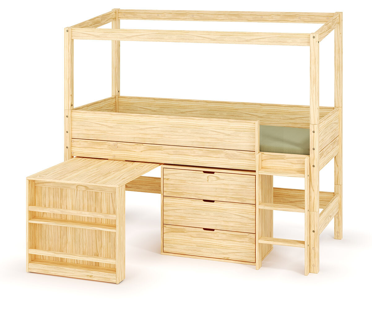 Lit cabane mi-hauteur avec bureau et matelas Combeebed Bois naturel 90x200 cm Echelle grand côté Structure cabane uniquement 1 commode Matelas Airfre