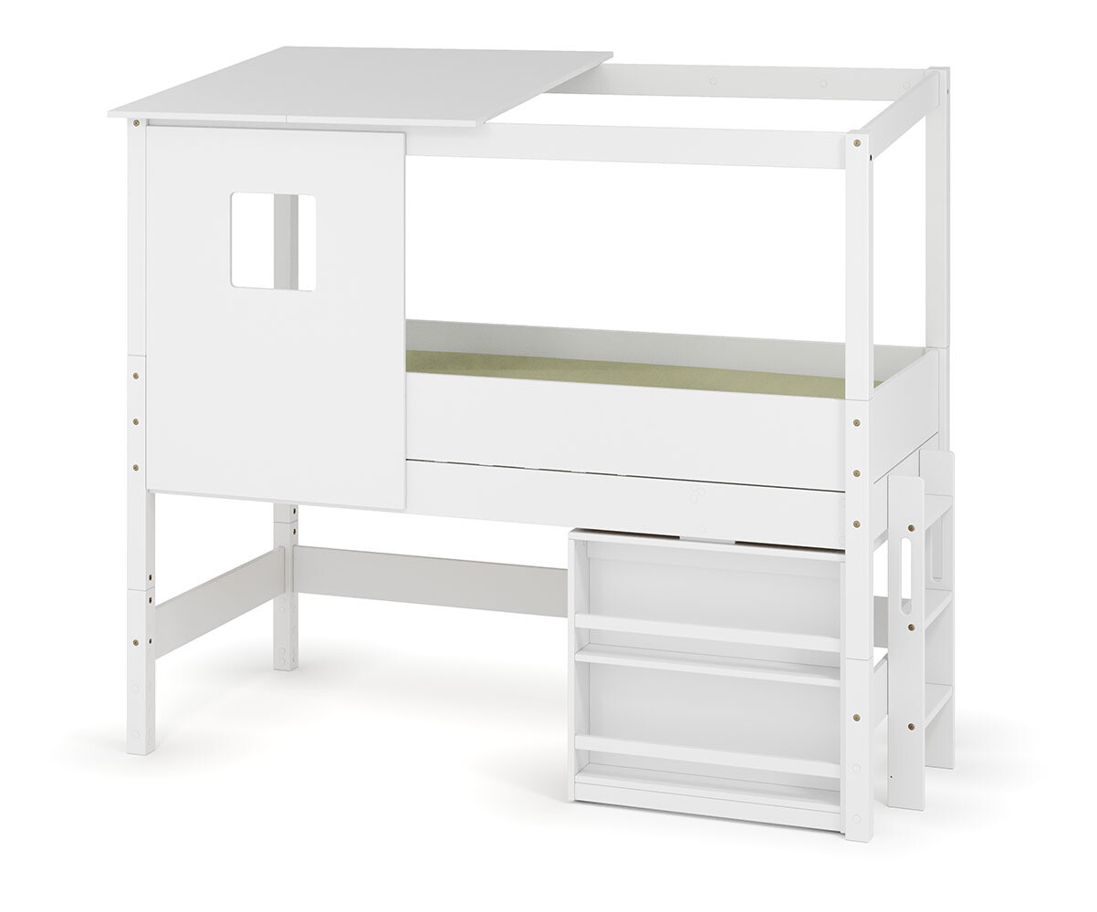 PROMO ! Lit cabane mi-hauteur avec bureau et matelas Combeebed Blanc 90x200 cm Echelle petit côté Toit et fenêtre haut Sans rangement Matelas Norwa