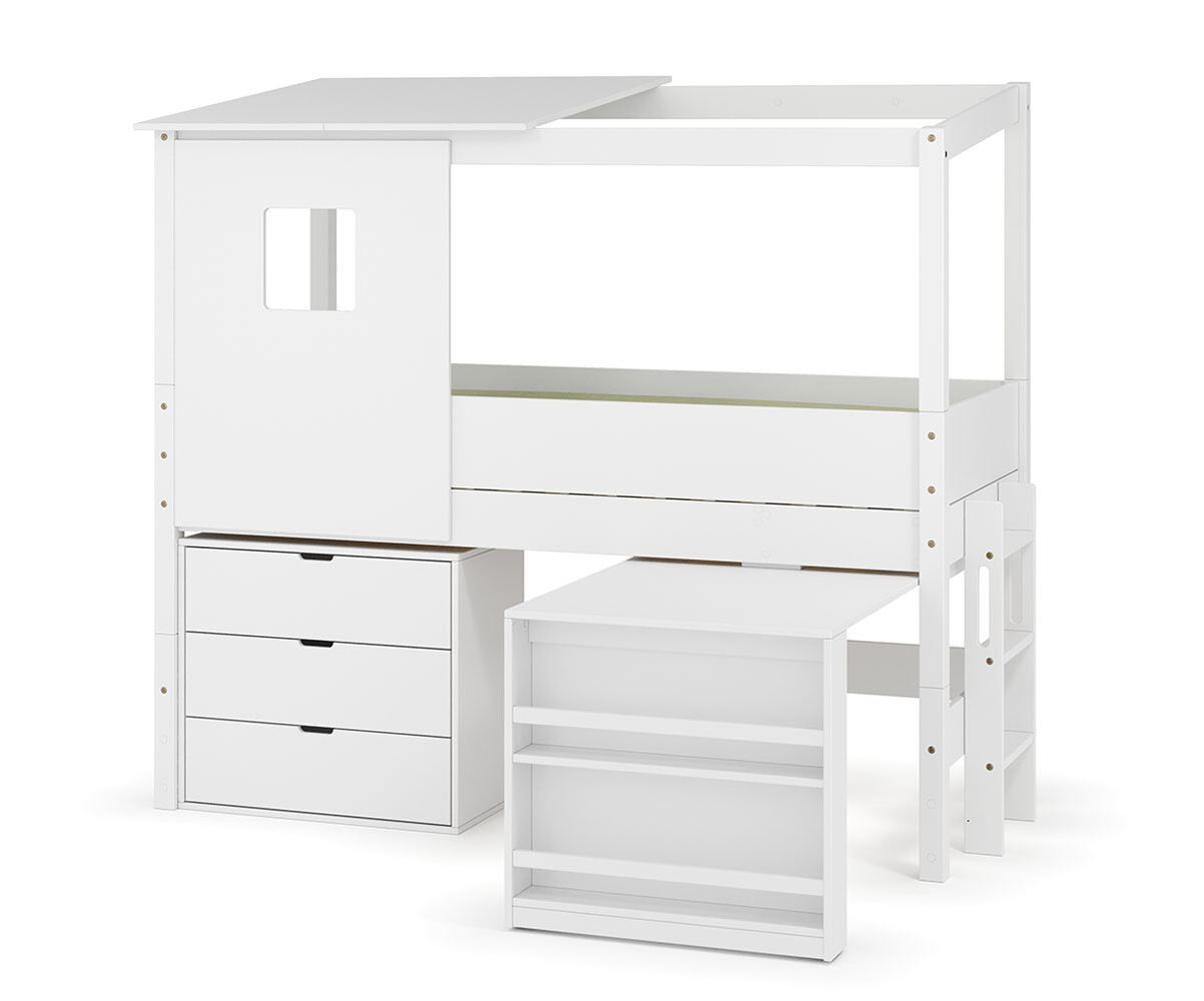 PROMO ! Lit cabane mi-hauteur avec bureau et matelas Combeebed Blanc 90x200 cm Echelle petit côté Toit et fenêtre haut 1 commode Matelas Airfresh 1