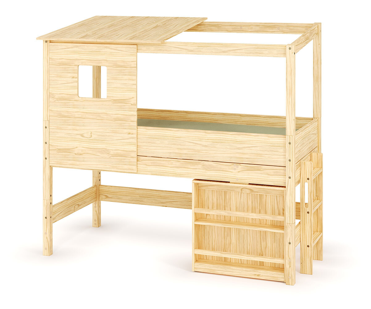 Lit cabane mi-hauteur avec bureau et matelas Combeebed Bois naturel 90x200 cm Echelle petit côté Toit et fenêtre haut Sans rangement Matelas Airfresh