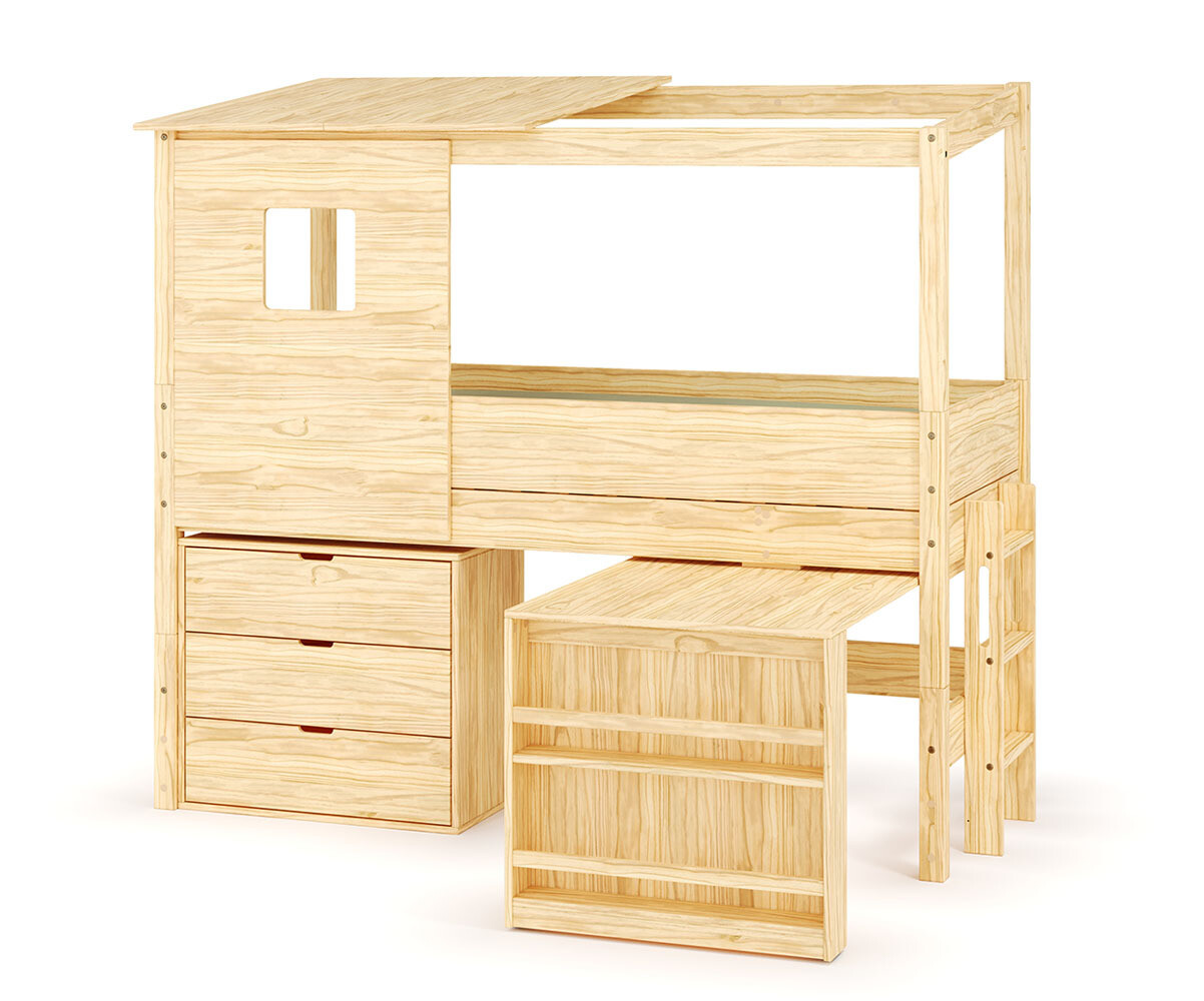 Lit cabane mi-hauteur avec bureau et matelas Combeebed Bois naturel 90x200 cm Echelle petit côté Toit et fenêtre haut 1 commode Matelas Airfresh 15 c