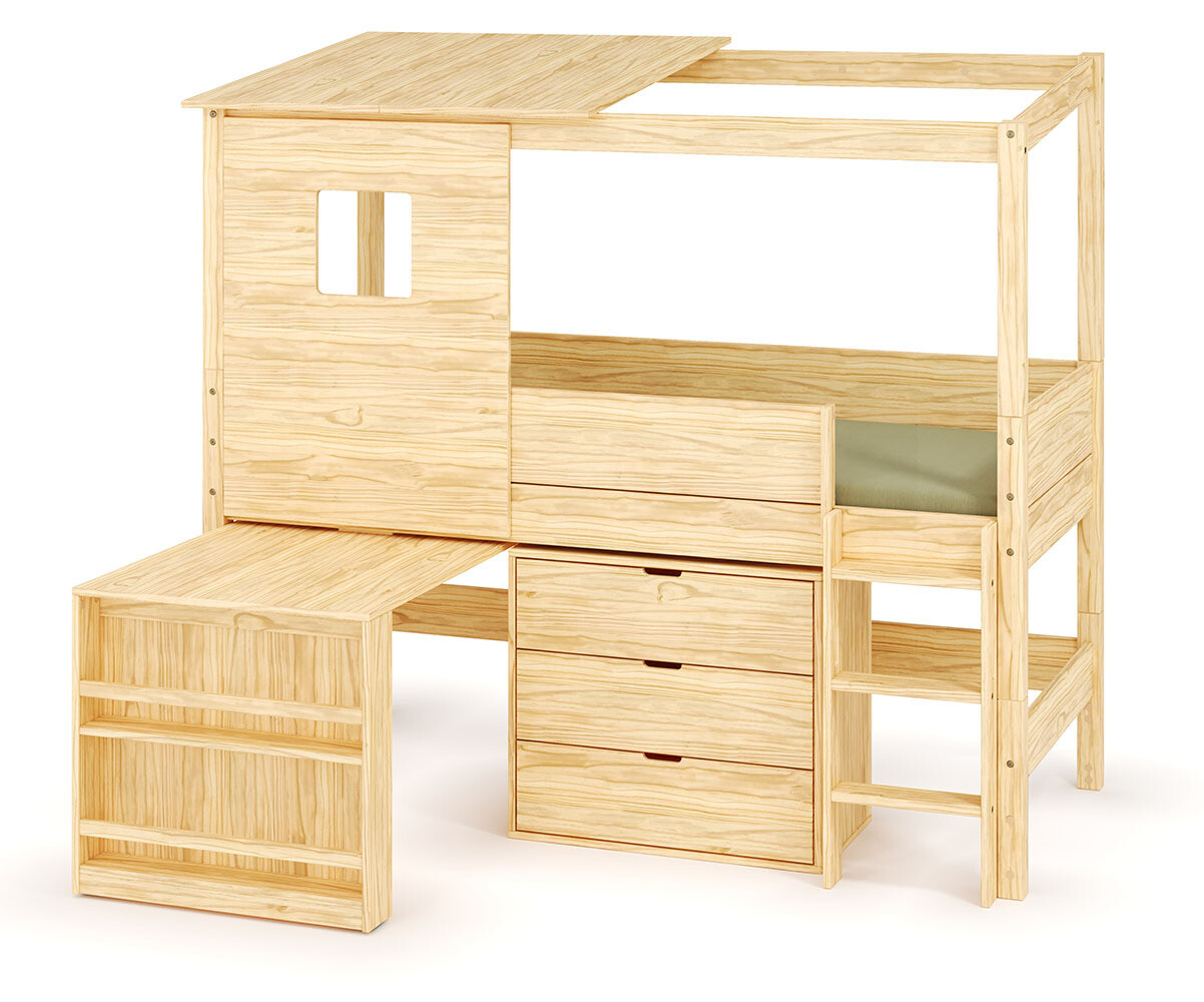 Lit cabane mi-hauteur avec bureau et matelas Combeebed Bois naturel 90x200 cm Echelle grand côté Toit et fenêtre haut 1 commode Matelas Airfresh 15 c