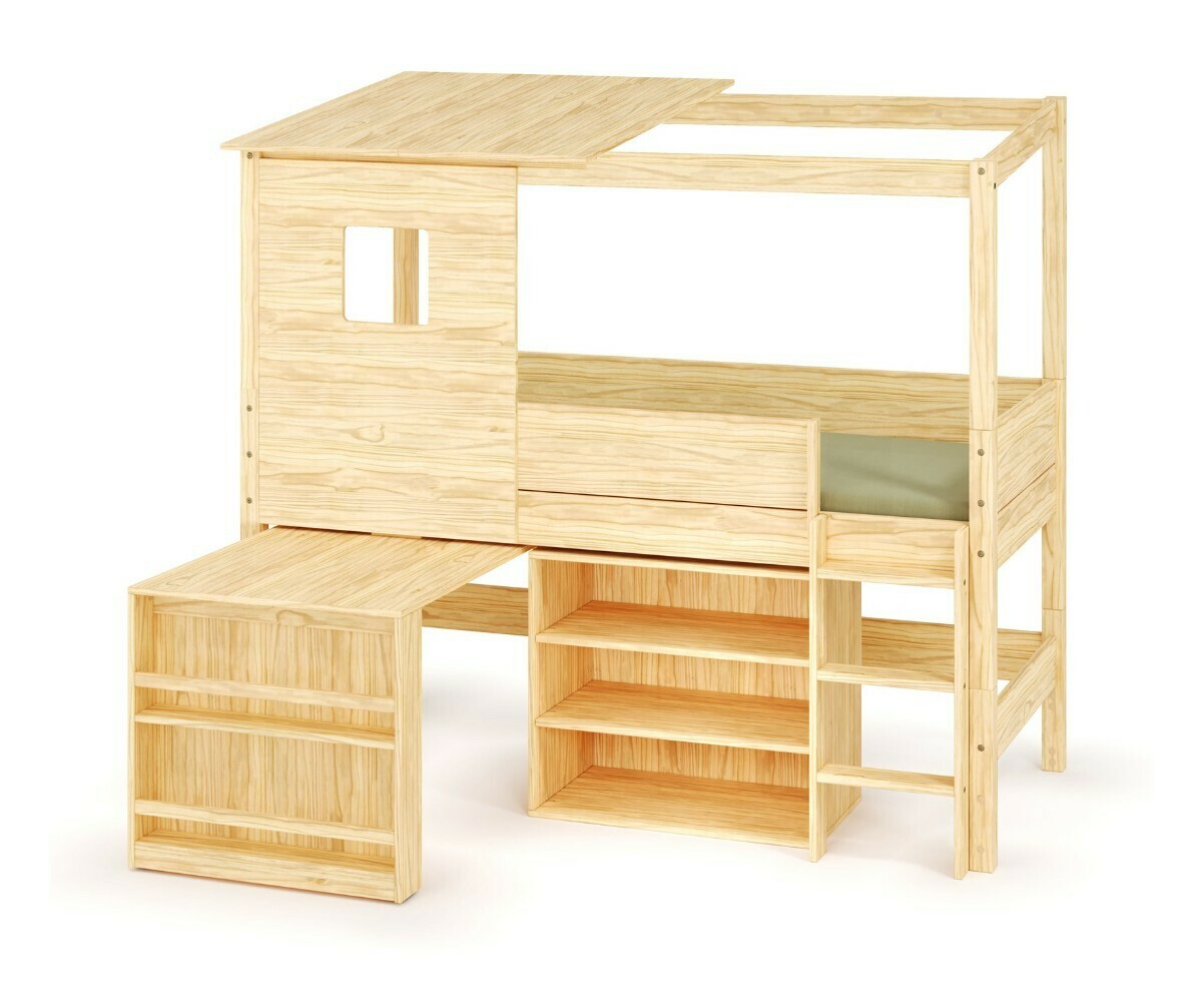 Lit cabane mi-hauteur avec bureau et matelas Combeebed Bois naturel 90x200 cm Echelle grand côté Toit et fenêtre haut 1 étagère Matelas Airfresh 15 c