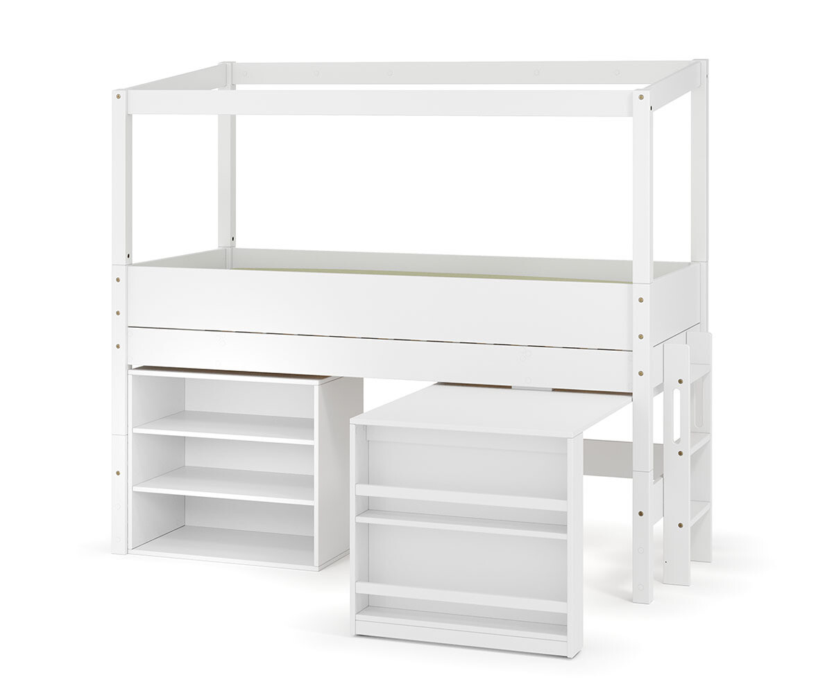 PROMO ! Lit cabane mi-hauteur avec bureau et matelas Combeebed Blanc 90x200 cm Echelle petit côté Structure cabane uniquement 1 étagère Matelas Air
