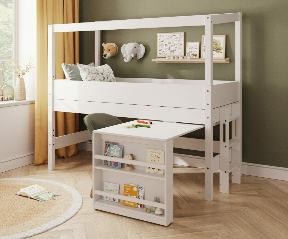 PROMO ! Lit cabane mi-hauteur avec bureau et matelas Combeebed Blanc 90x200 cm Echelle petit côté Structure cabane uniquement Sans rangement Matela