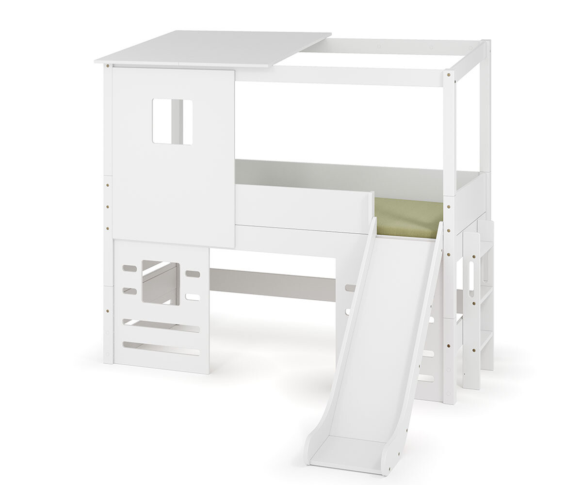 PROMO ! Lit cabane mi-hauteur avec toboggan Combeebed Blanc 90x200 cm Fenêtre bas