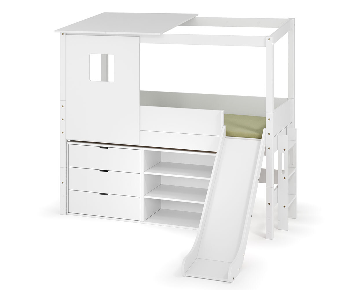 PROMO ! Lit cabane mi-hauteur avec toboggan Combeebed Blanc 90x200 cm 1 commode + 1 étagère