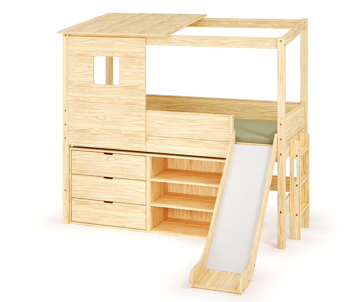 Lit cabane mi-hauteur avec toboggan Combeebed Bois naturel 90x200 cm 1 commode + 1 étagère