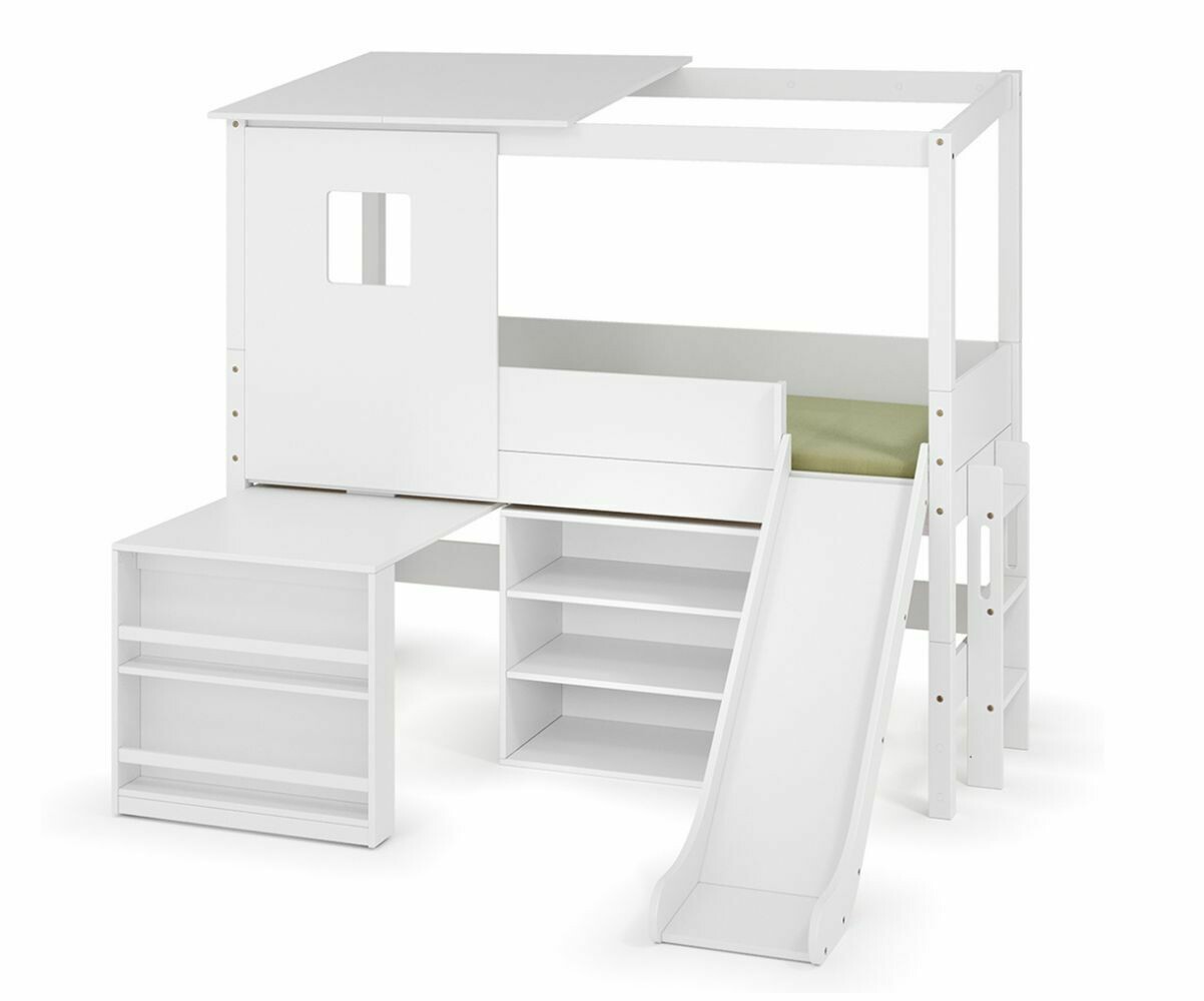 PROMO ! Lit cabane mi-hauteur avec toboggan Combeebed Blanc 90x200 cm 1 bureau + 1 étagère