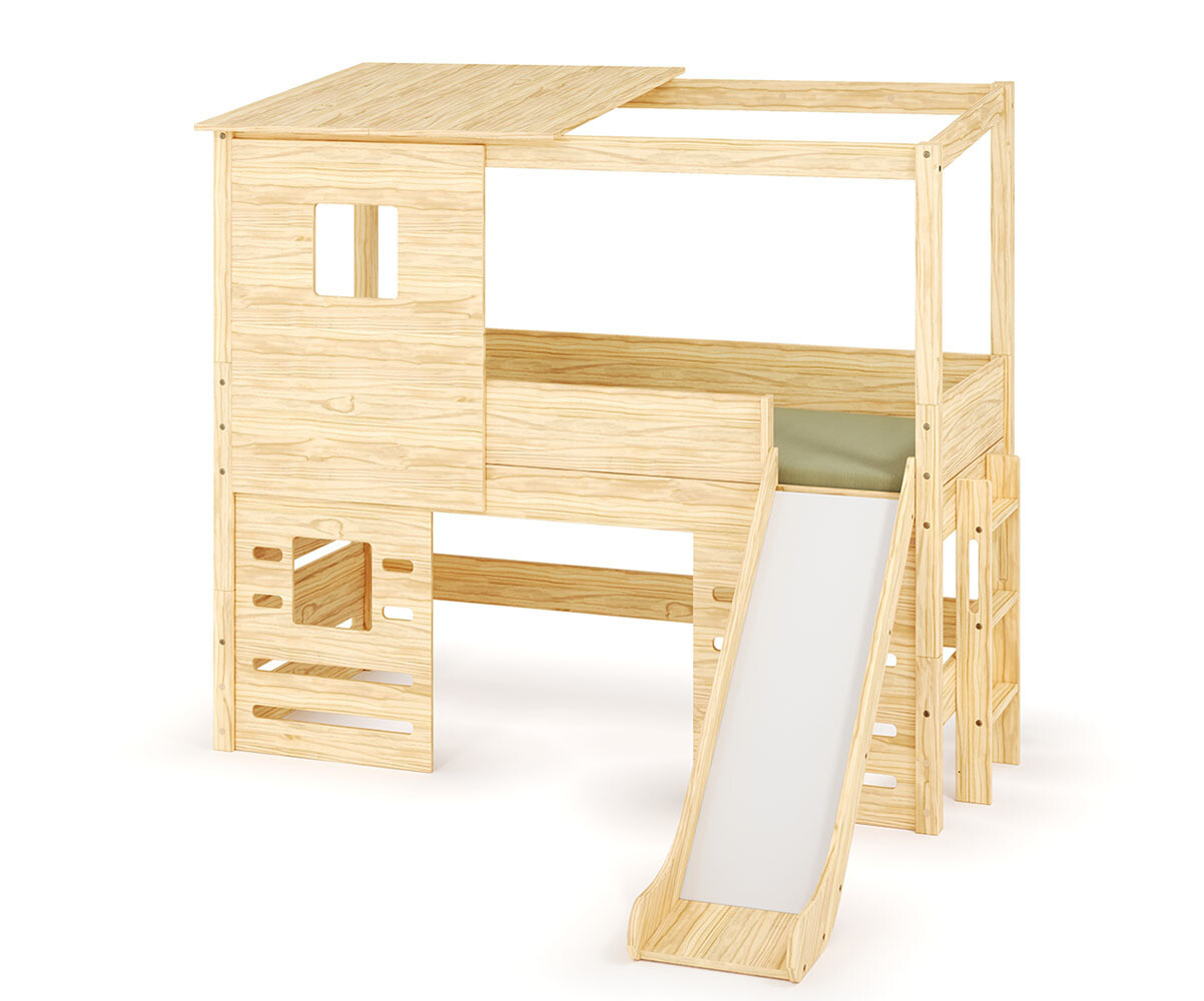 Lit cabane mi-hauteur avec toboggan et matelas Combeebed Bois naturel 90x200 cm Fenêtre bas Matelas Airfresh 15 cm