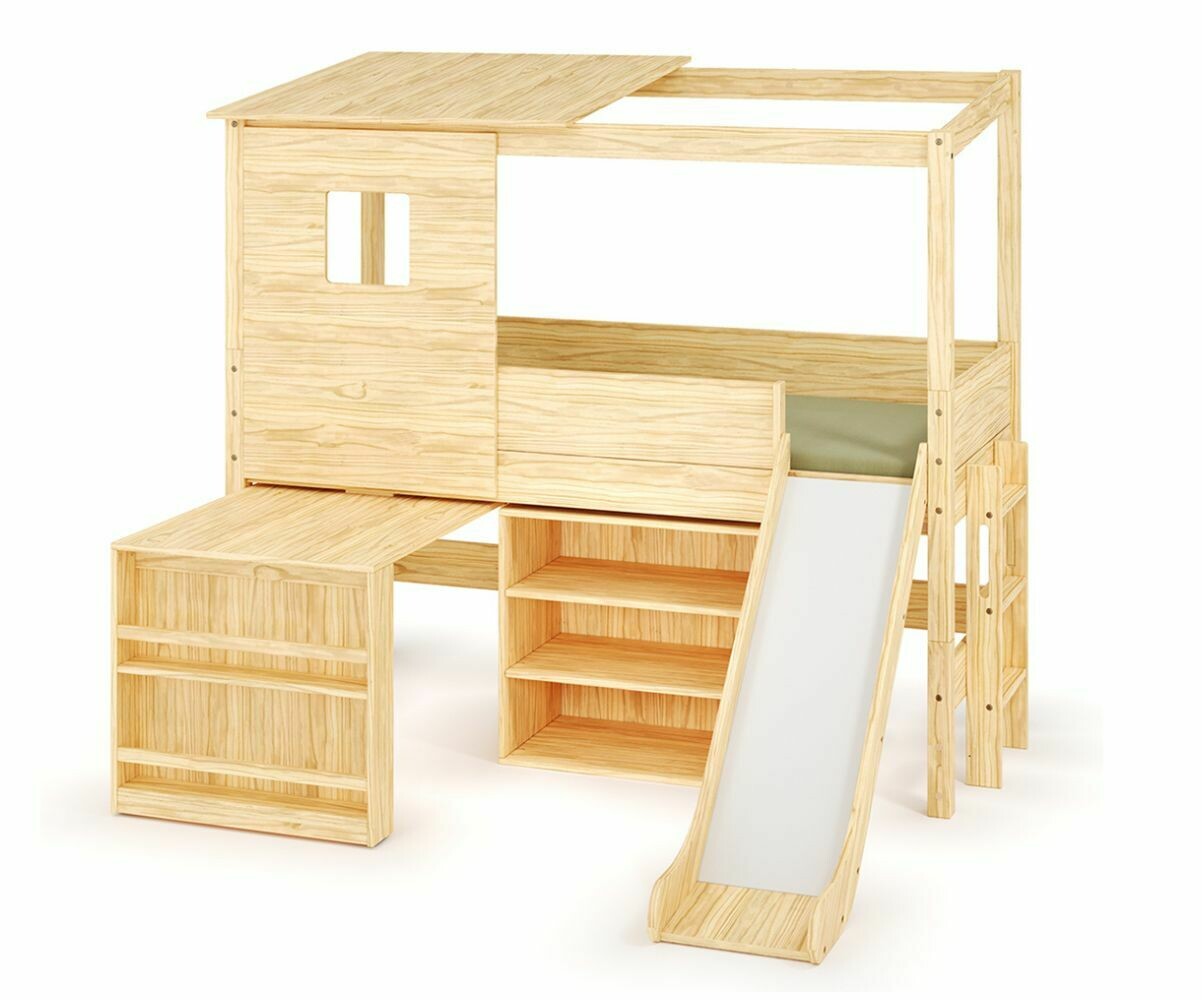 Lit cabane mi-hauteur avec toboggan et matelas Combeebed Bois naturel 90x200 cm 1 bureau + 1 étagère Matelas Airfresh 15 cm