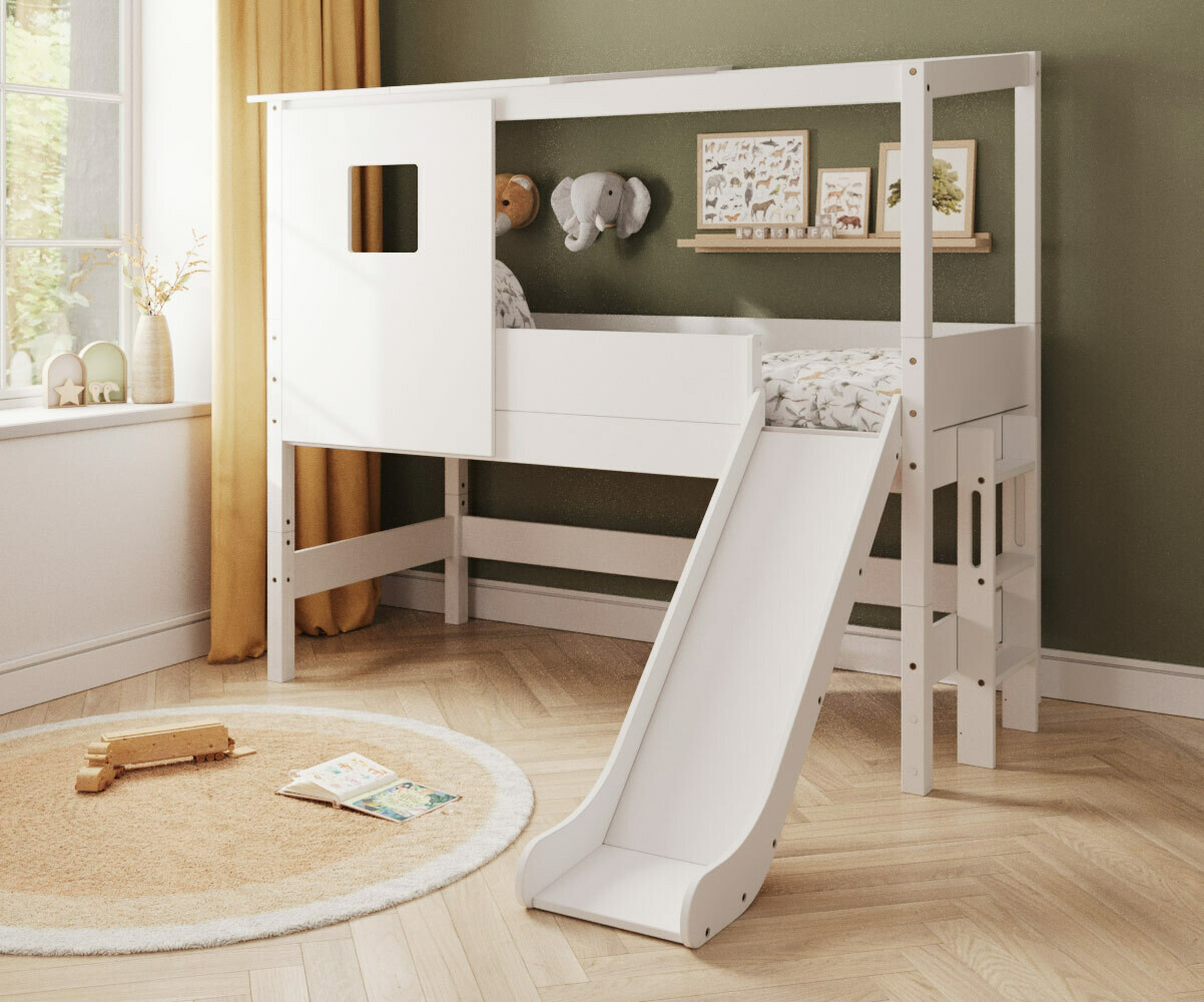 PROMO ! Lit cabane mi-hauteur avec toboggan et matelas Combeebed Blanc 90x200 cm Toboggan uniquement Matelas Norway 13 cm