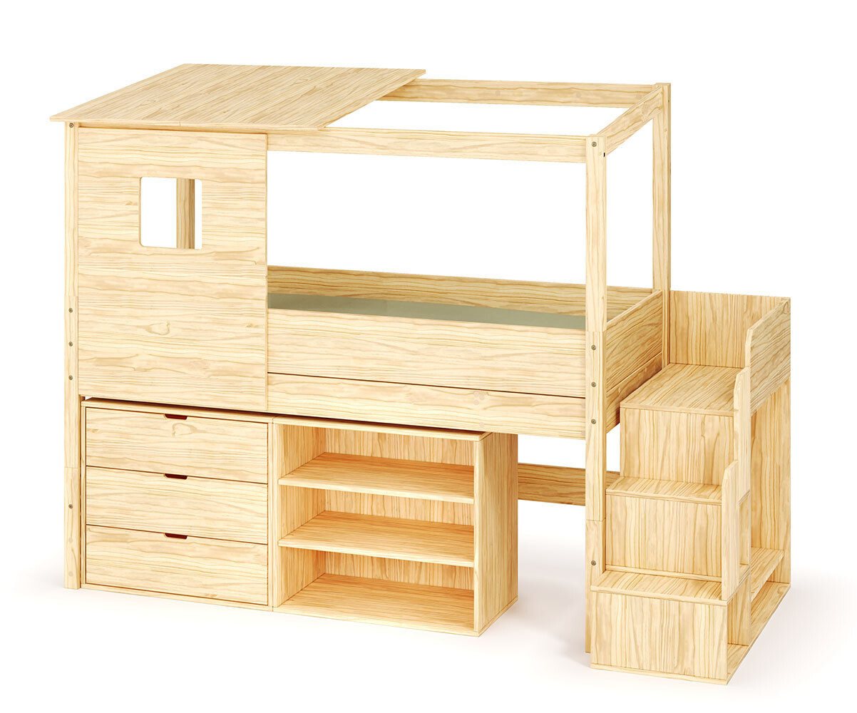 Lit cabane mi-hauteur avec escalier Combeebed Bois naturel 90x200 cm 1 commode + 1 étagère