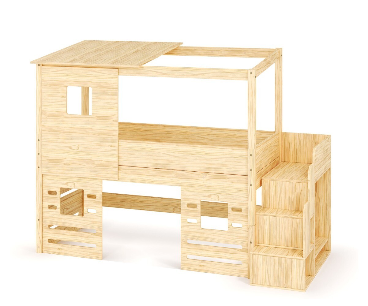 Lit cabane mi-hauteur avec escalier Combeebed Bois naturel 90x200 cm Fenêtre bas