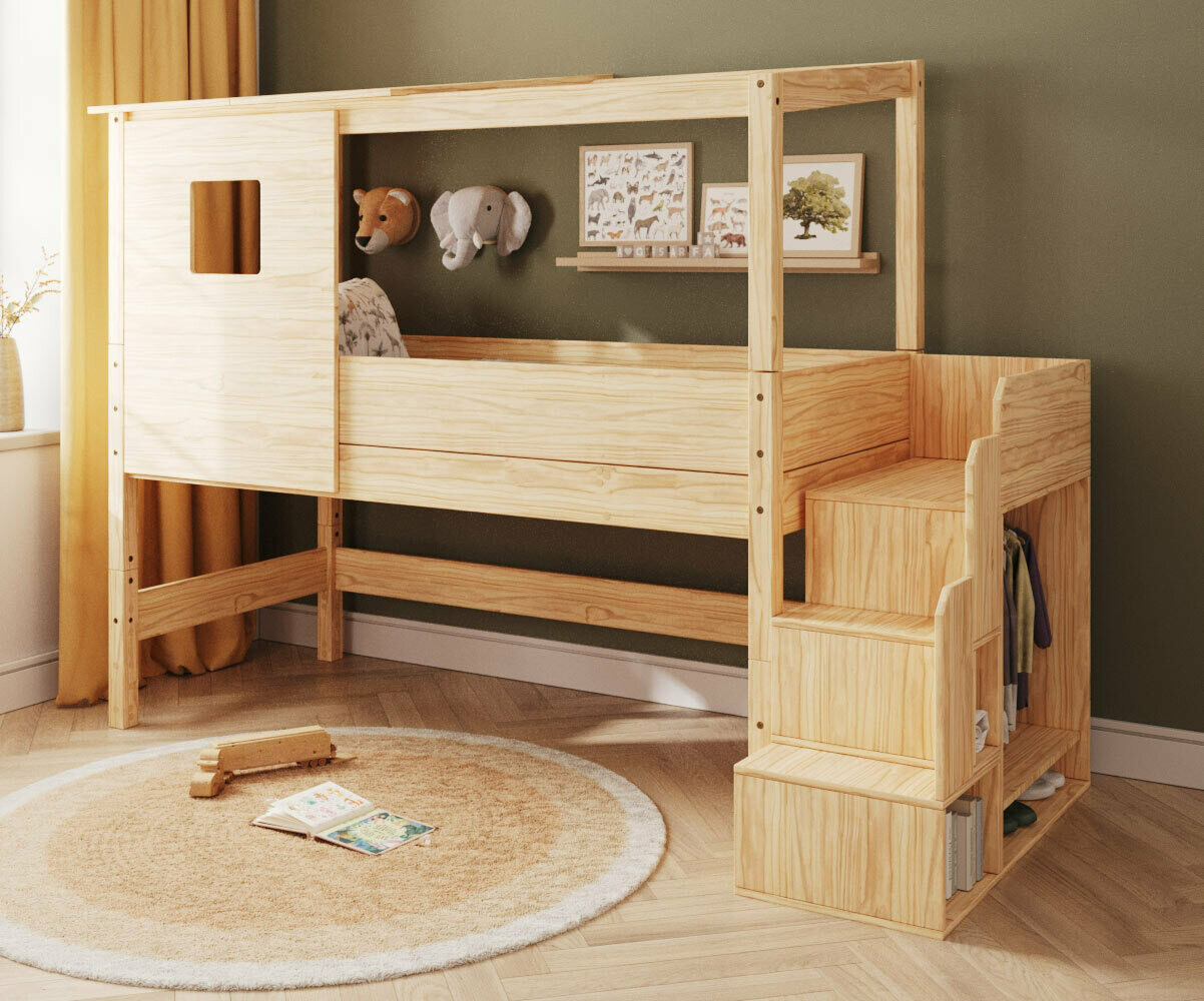 Lit cabane mi-hauteur avec escalier Combeebed Bois naturel 90x200 cm Toit et fenêtre haut uniquement