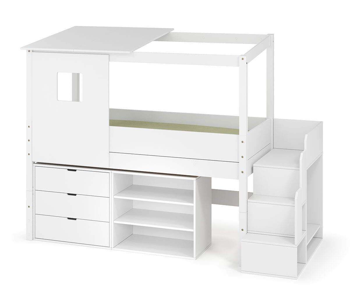 PROMO ! Lit cabane mi-hauteur avec escalier et matelas Combeebed Blanc 90x200 cm 1 commode + 1 étagère Matelas Norway 13 cm