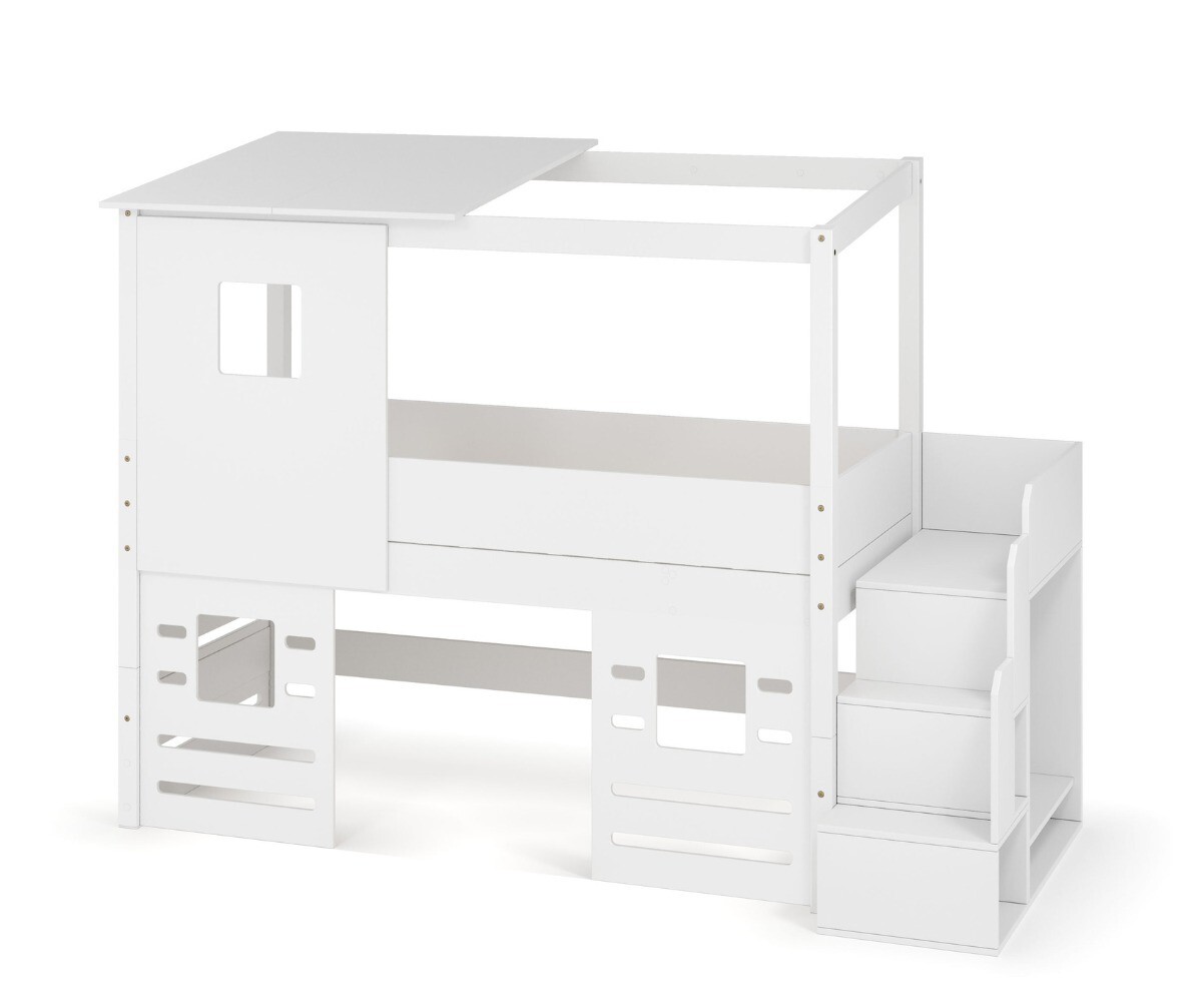PROMO ! Lit cabane mi-hauteur avec escalier et matelas Combeebed Blanc 90x200 cm Fenêtre bas Matelas Airfresh 15 cm