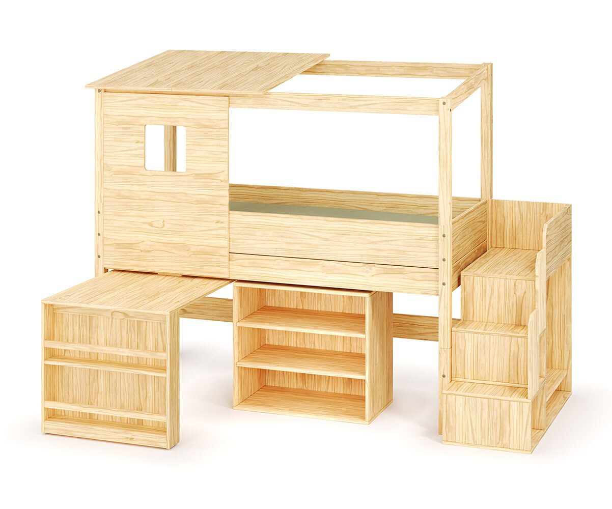 Lit cabane mi-hauteur avec escalier et matelas Combeebed Bois naturel 90x200 cm 1 bureau + 1 étagère Matelas Airfresh 15 cm