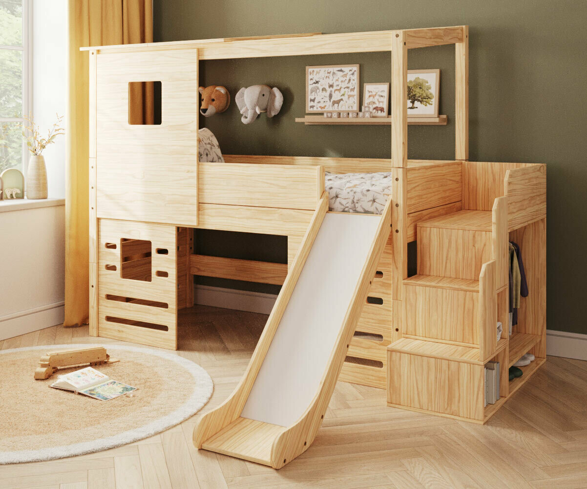 Lit cabane mi-hauteur avec escalier et toboggan Combeebed Bois naturel 90x200 cm