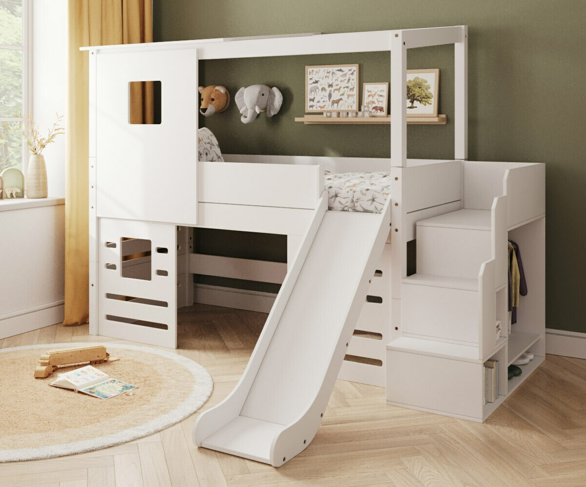 PROMO ! Lit cabane mi-hauteur avec escalier, toboggan et matelas Combeebed Blanc 90x200 cm Matelas Norway 13 cm