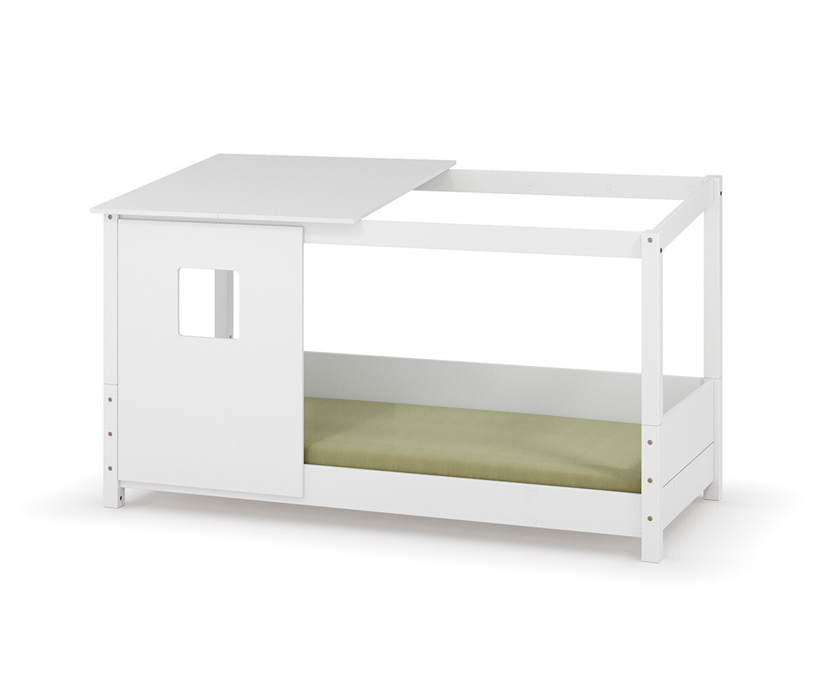 PROMO ! Lit cabane Montessori Combeebed Blanc 90x200 cm Barrière de sécurité arrière Avec toit et fenêtre haut