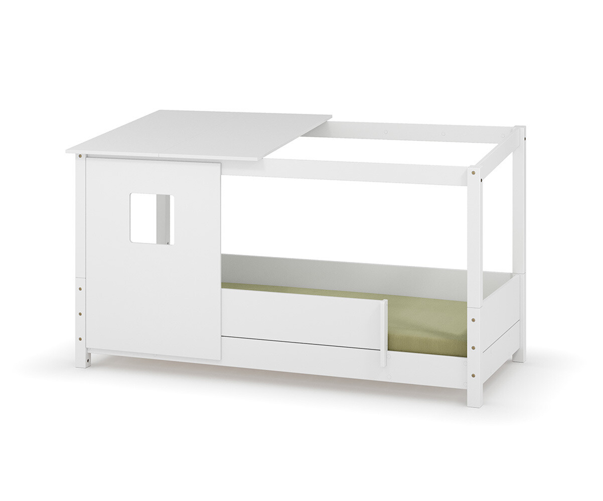 PROMO ! Lit cabane Montessori Combeebed Blanc 90x200 cm Barrières de sécurité avant et arrière Avec toit et fenêtre haut