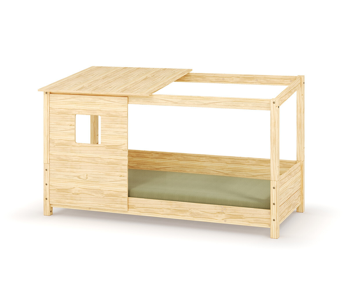 Lit cabane Montessori Combeebed Bois naturel 90x200 cm Barrière de sécurité arrière Avec toit et fenêtre haut
