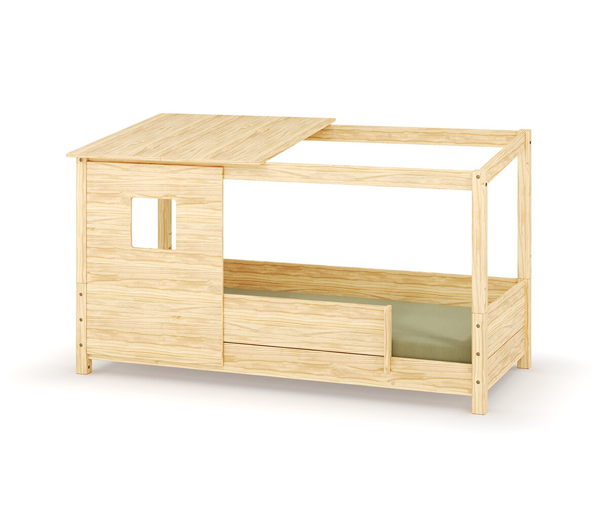Lit cabane Montessori Combeebed Bois naturel 90x200 cm Barrières de sécurité avant et arrière Avec toit et fenêtre haut