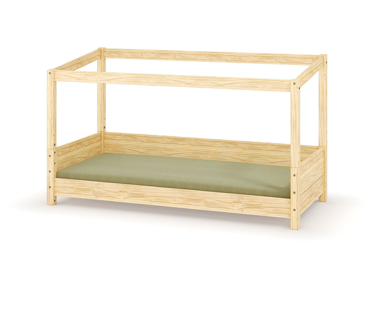 Lit cabane Montessori Combeebed Bois naturel 90x200 cm Barrière de sécurité arrière Sans toit et fenêtre haut