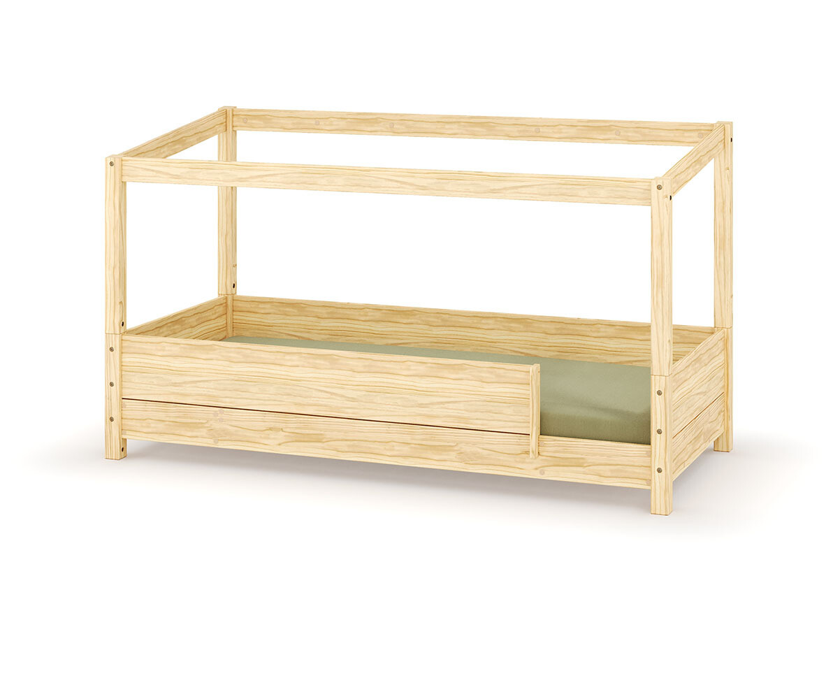 Lit cabane Montessori Combeebed Bois naturel 90x200 cm Barrières de sécurité avant et arrière Sans toit et fenêtre haut