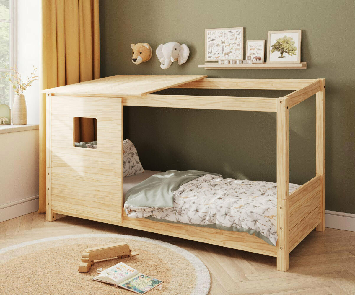 Lit cabane Montessori Combeebed Bois naturel 90x200 cm Sans barrière de sécurité Avec toit et fenêtre haut