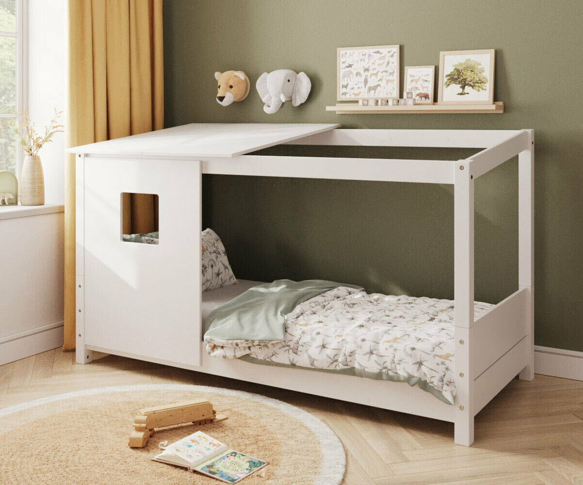 PROMO ! Lit cabane Montessori Combeebed Blanc 90x200 cm Sans barrière de sécurité Avec toit et fenêtre haut