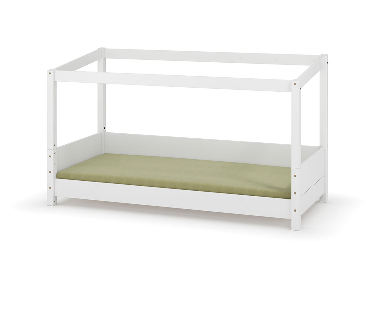 PROMO ! Lit cabane Montessori avec matelas Combeebed Blanc 90x200 cm Barrière de sécurité arrière Sans toit et fenêtre haut Matelas Airfresh 15 cm