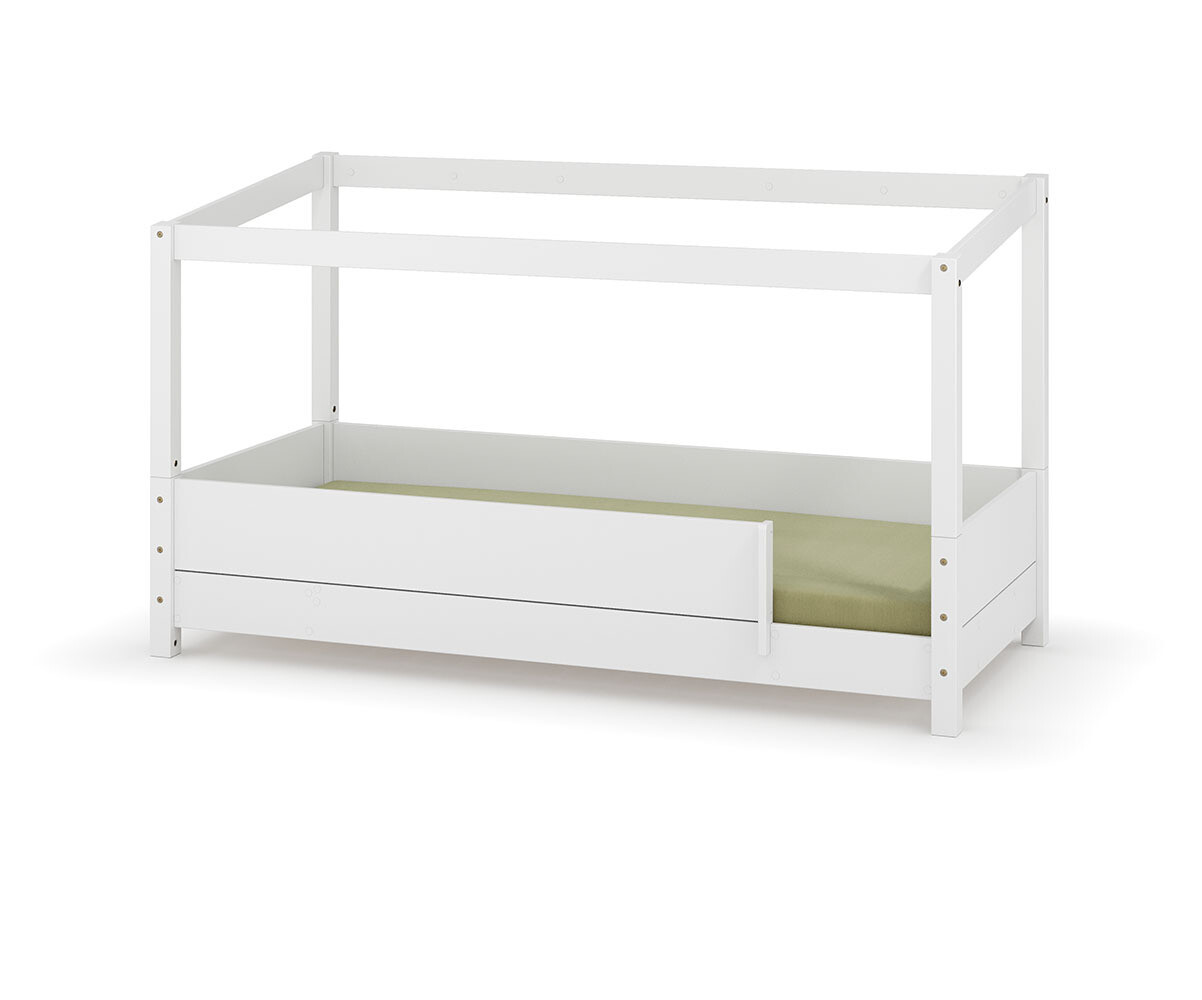 PROMO ! Lit cabane Montessori avec matelas Combeebed Blanc 90x200 cm Barrières de sécurité avant et arrière Sans toit et fenêtre haut Matelas Norwa