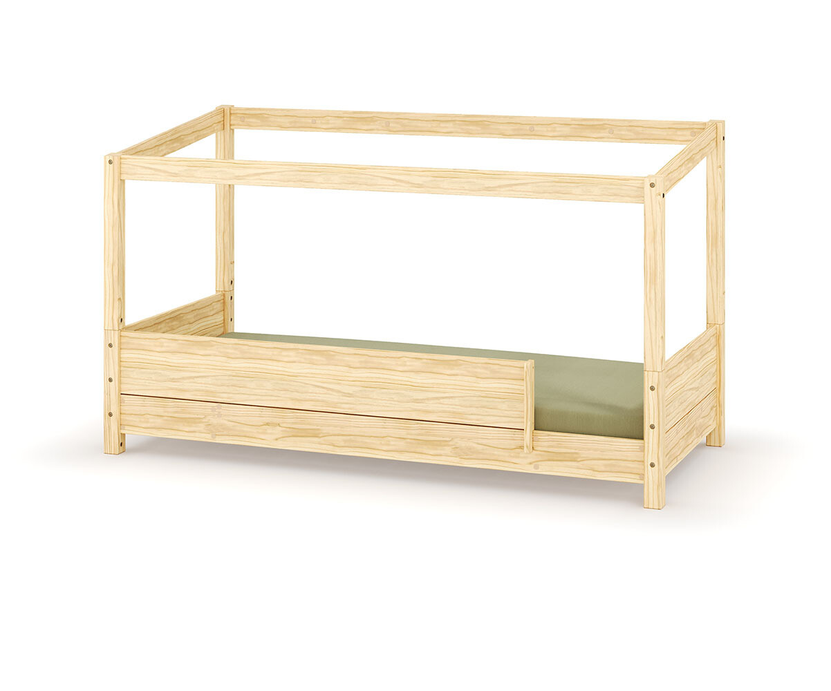Lit cabane Montessori avec matelas Combeebed Bois naturel 90x200 cm Barrière de sécurité avant Sans toit et fenêtre haut Matelas Airfresh 15 cm
