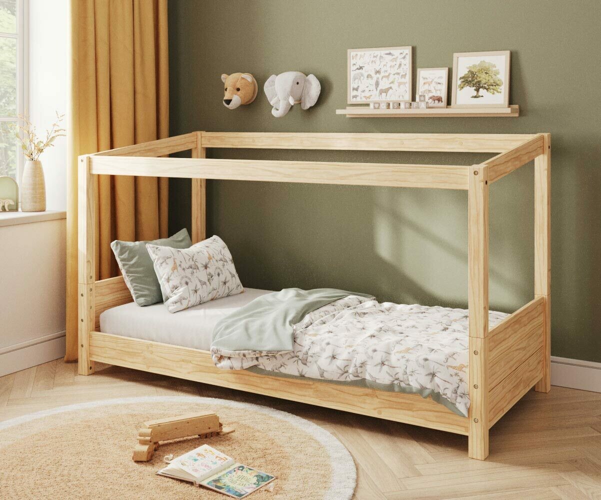 Lit cabane Montessori avec matelas Combeebed Bois naturel 90x200 cm Sans barrière de sécurité Sans toit et fenêtre haut Matelas Airfresh 15 cm