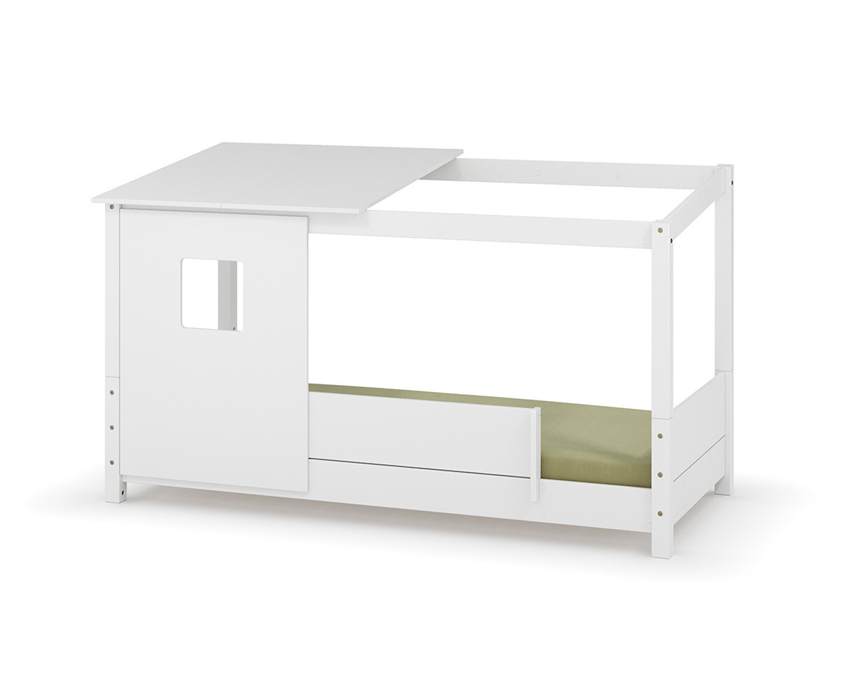 PROMO ! Lit cabane Montessori avec matelas Combeebed Blanc 90x200 cm Barrière de sécurité avant Avec toit et fenêtre haut Matelas Norway 13 cm