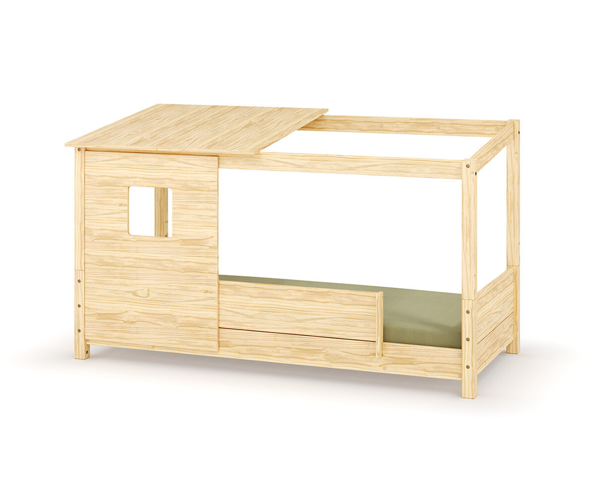 Lit cabane Montessori avec matelas Combeebed Bois naturel 90x200 cm Barrière de sécurité avant Avec toit et fenêtre haut Matelas Airfresh 15 cm