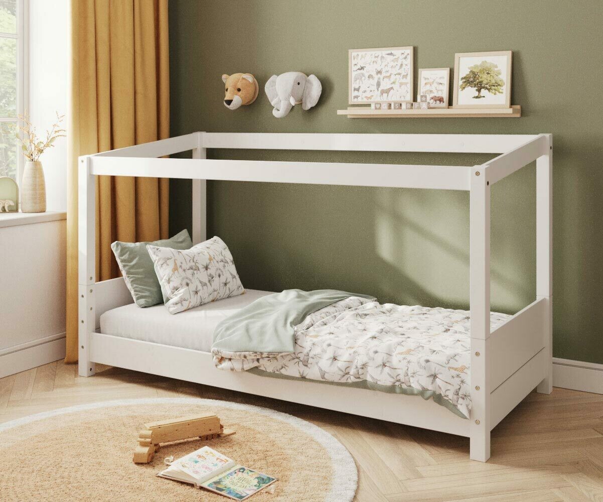 PROMO ! Lit cabane Montessori avec matelas Combeebed Blanc 90x200 cm Sans barrière de sécurité Sans toit et fenêtre haut Matelas Airfresh 15 cm