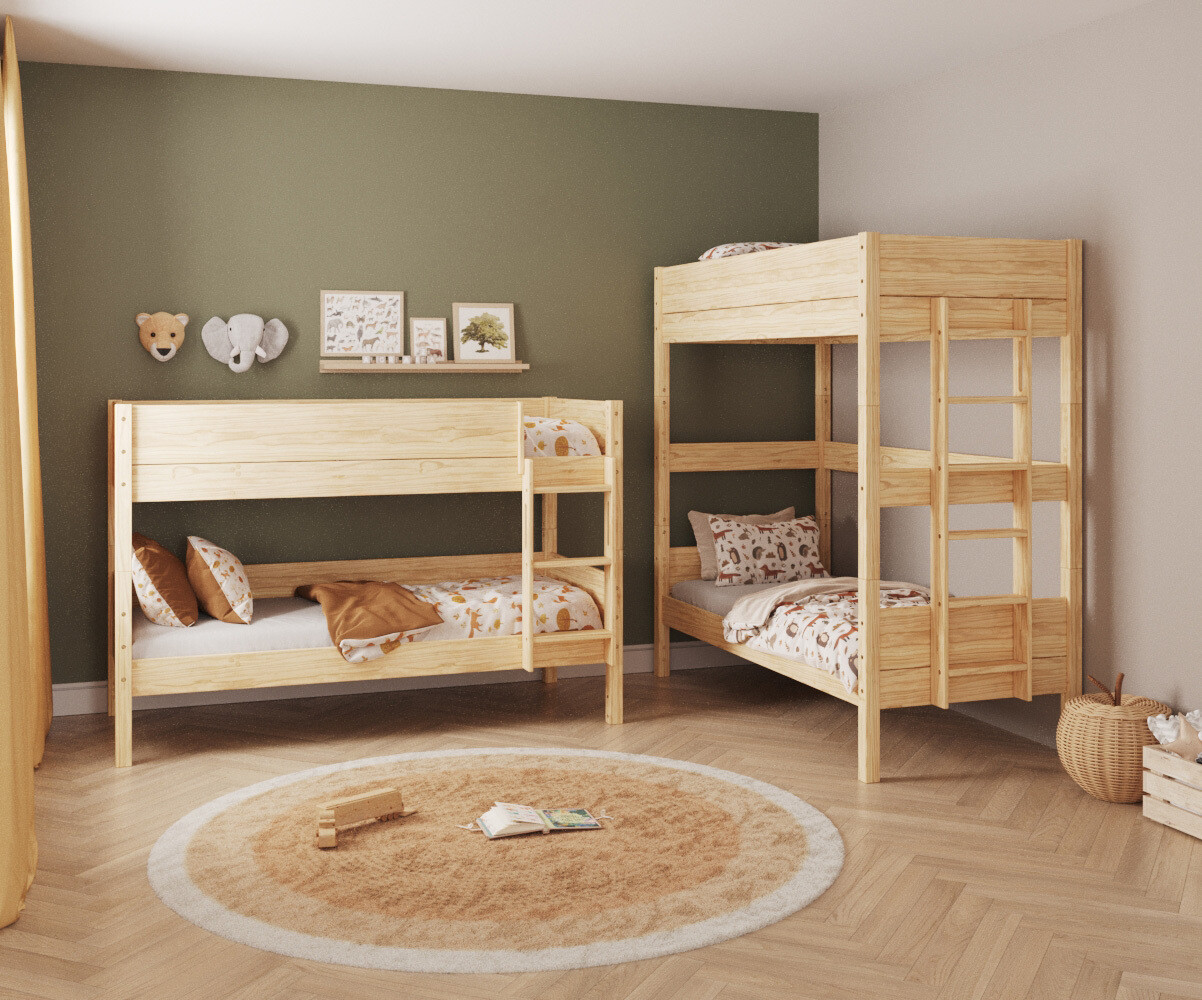 PROMO ! Lit superposé enfant Combeebed Bois naturel 90x200 cm Echelle petit côté Sans barrière de sécurité Version évolutive