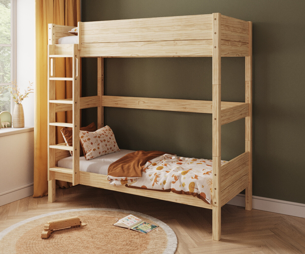 Lit superposé enfant avec matelas Combeebed Bois naturel 90x200 cm Echelle grand côté Sans barrière de sécurité Version haute Matelas Airfresh 15 cm