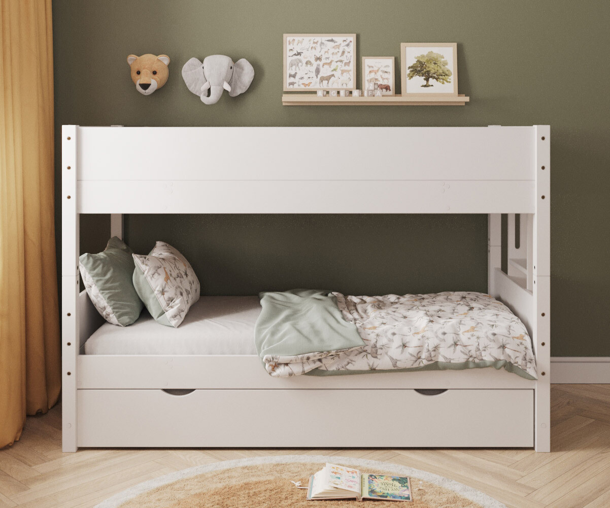PROMO ! Lit superposé enfant avec matelas Combeebed Blanc 90x200 cm Echelle petit côté Sans barrière de sécurité Version basse Matelas Norway 13 cm