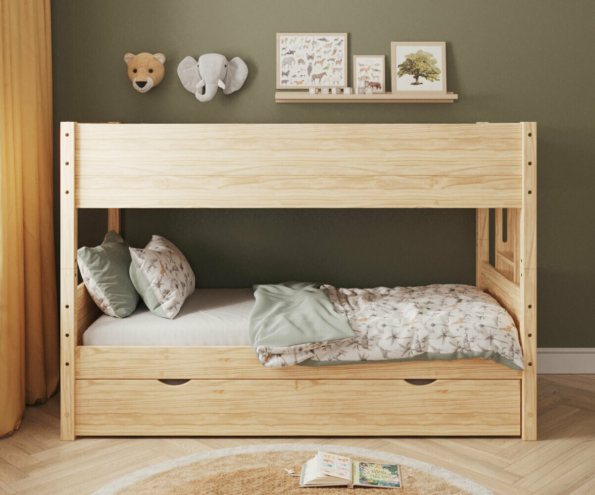 Lit superposé enfant avec tiroir Combeebed Bois naturel 90x200 cm Echelle petit côté Sans barrière de sécurité Version basse