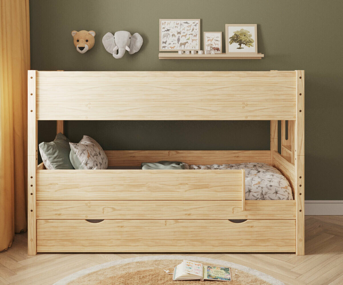 Lit superposé enfant avec tiroir Combeebed Bois naturel 90x200 cm Echelle petit côté 1 barrière de sécurité Version basse