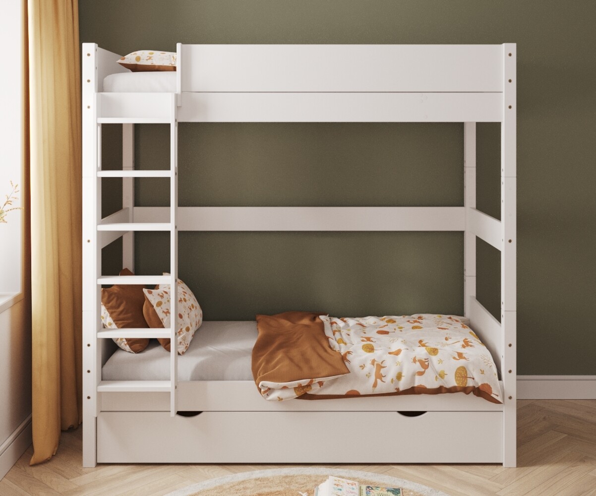 PROMO ! Lit superposé enfant avec tiroir Combeebed Blanc 90x200 cm Echelle grand côté Sans barrière de sécurité Version haute