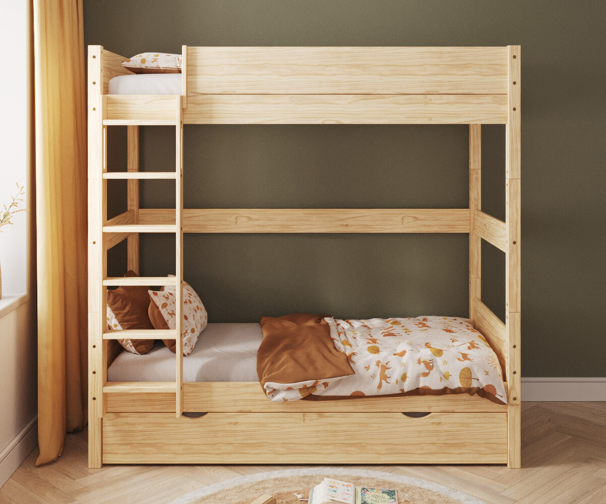 Lit superposé enfant avec tiroir Combeebed Bois naturel 90x200 cm Echelle grand côté Sans barrière de sécurité Version haute