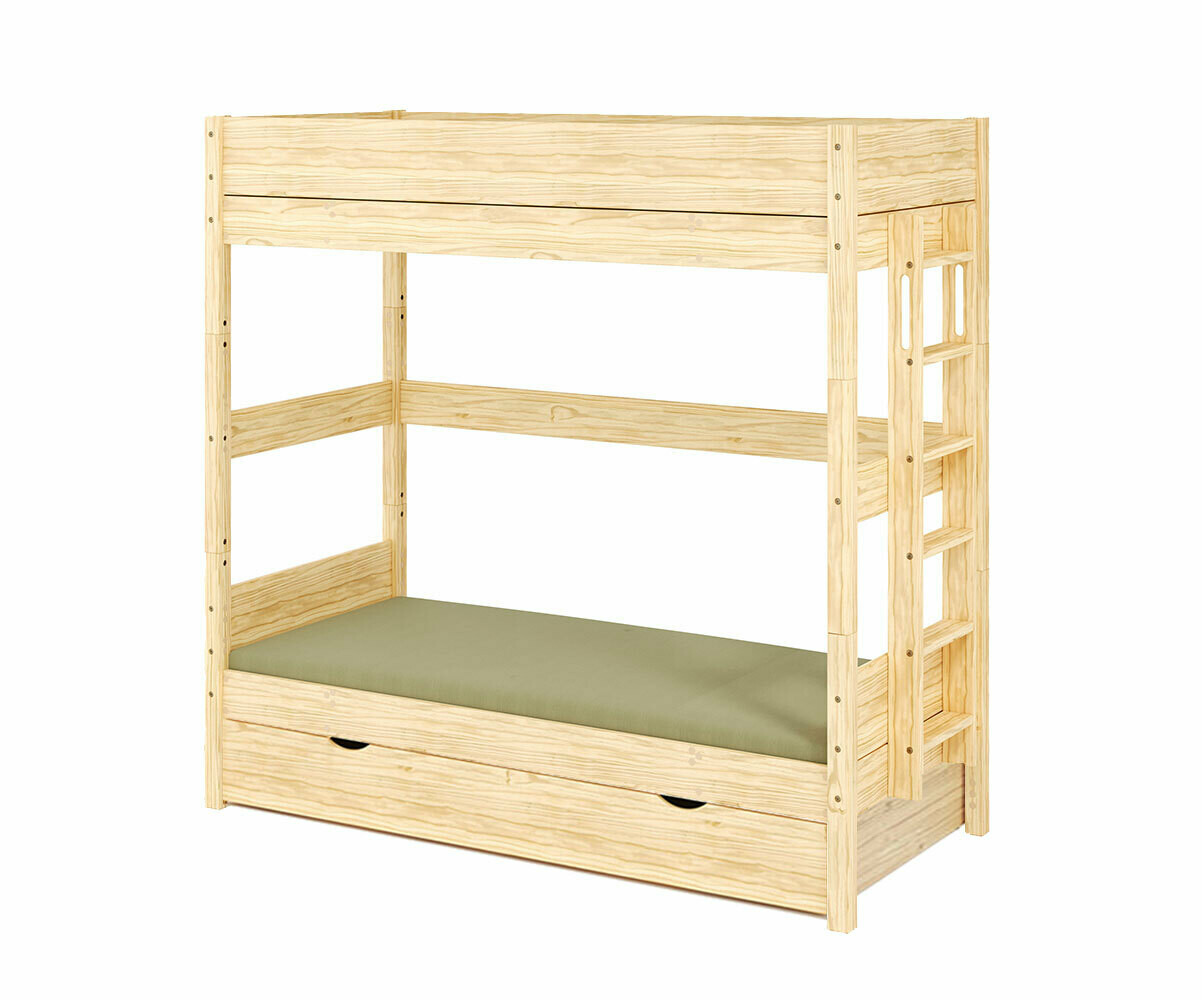 Lit superposé enfant avec tiroir Combeebed Bois naturel 90x200 cm Echelle petit côté Sans barrière de sécurité Version haute