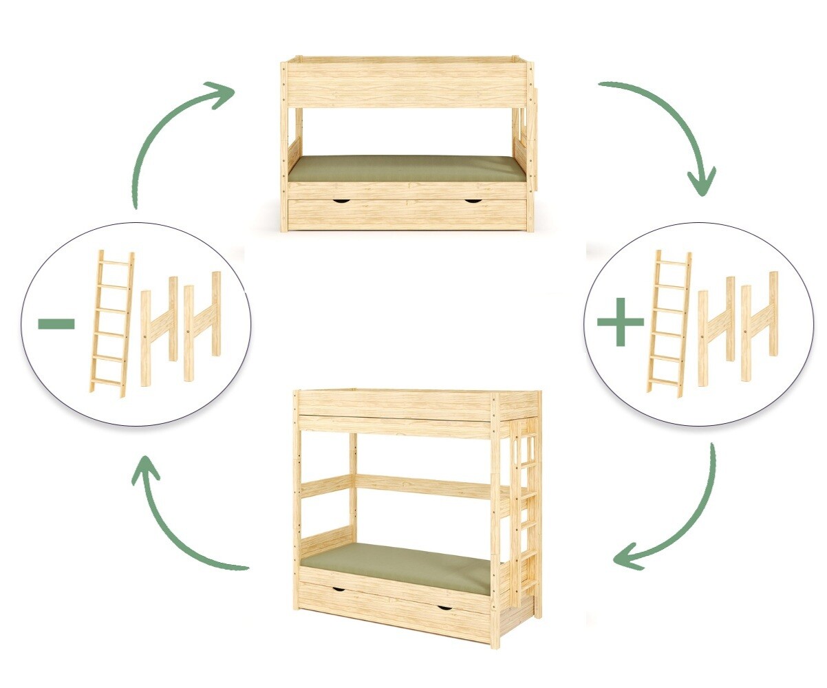 PROMO ! Lit superposé enfant avec tiroir Combeebed Bois naturel 90x200 cm Echelle petit côté Sans barrière de sécurité Version évolutive